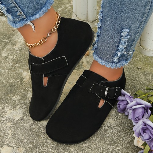 Women's Solid Color Flat Mules, Round Toe Low-top Wear-resistant Non-slip Ankle Buckle Shoes, Casual Outdoor Shoes