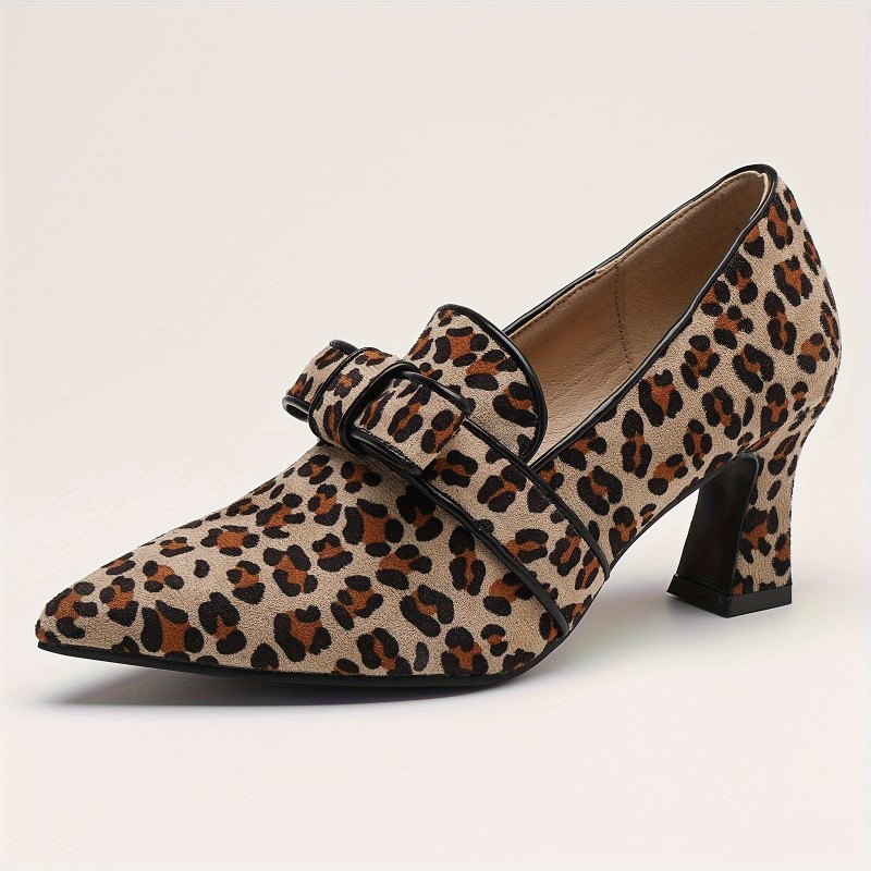 Women's Leopard Print Shoes, Slip On Shallow Mouth Chunky Heel Shoes, Lightweight Point Toe Shoes