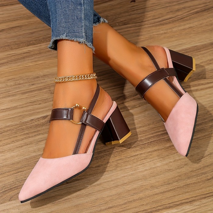 Women's Pointed Toe Block High Heel Sandals, Fashion Solid Color Slingback Shoes, Versatile Mid Heels