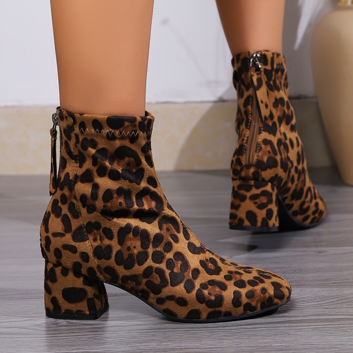 Women's Leopard Print Chunky Heel Boots, Fashion Back Zipper Short Boots, Comfortable Ankle Boots