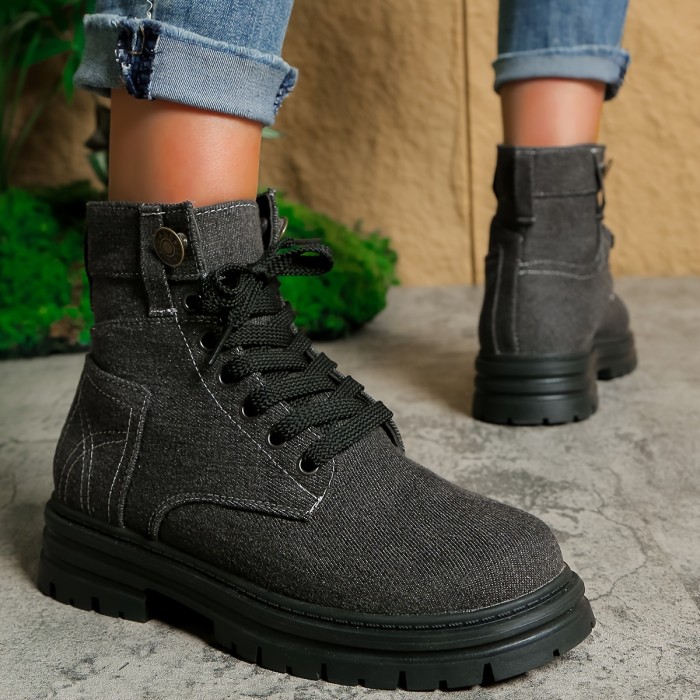Women's Denim Combat Boots, Fashion Round Toe Lace Up Short Boots, All-Match Platform Ankle Boots
