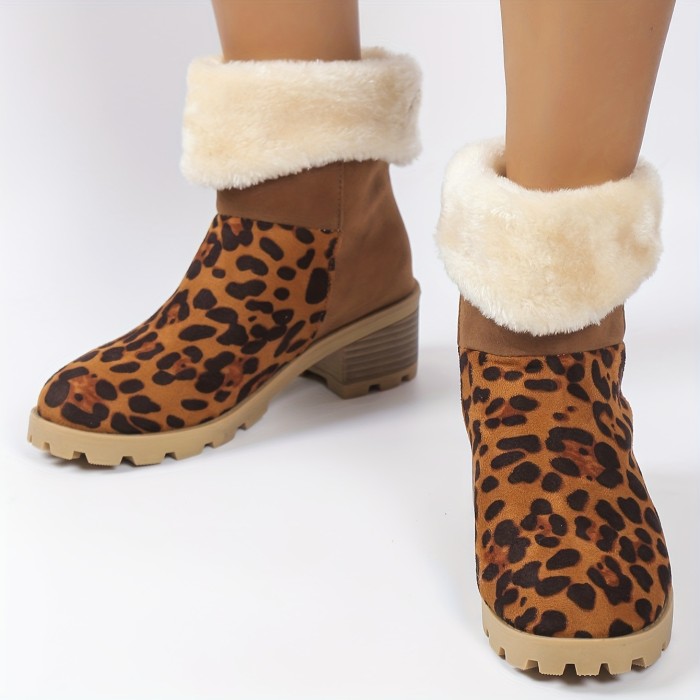 Women's Leopard Print Chunky Heel Boots, Fashion Slip On Plush Lined Boots, Comfortable Winter Ankle Boots