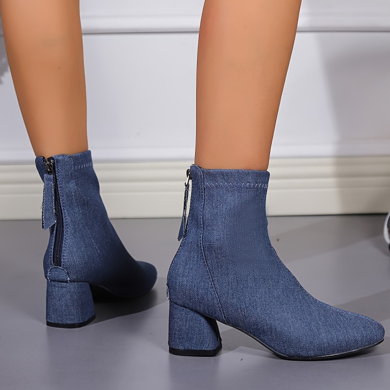 Women's Solid Color Chunky Heel Boots, Fashion Back Zipper Short Boots, Comfortable Ankle Boots