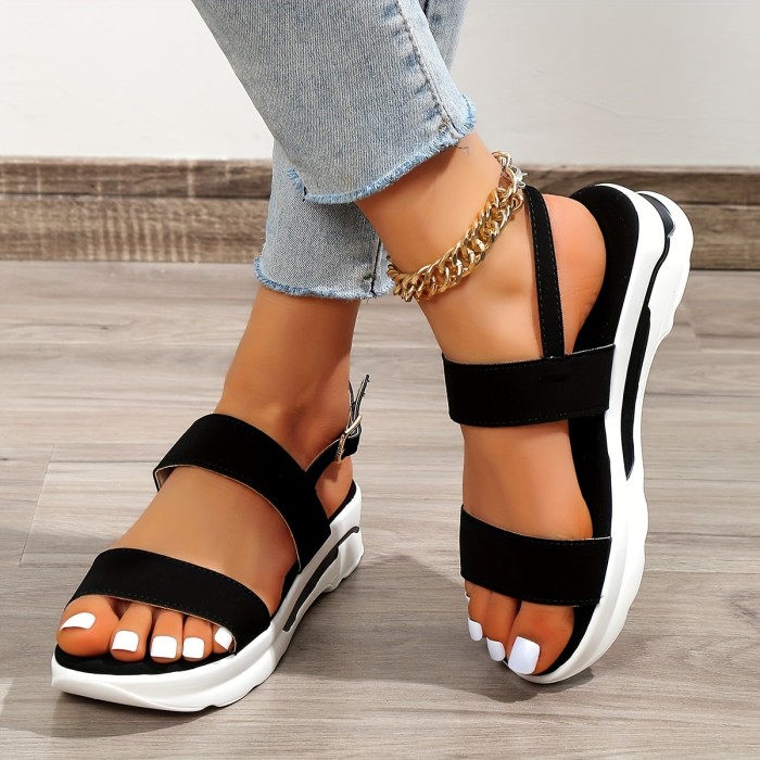 Women's Platform Open Toe Sandals, Solid Color Ankle Buckle Strap Non Slip Shoes, Casual Outdoor Sandals