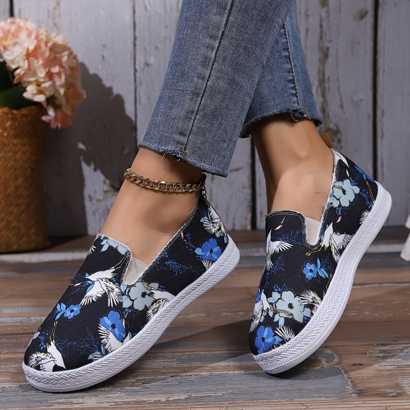 Women's Floral Print Shoes, Slip On Soft Sole Flat Canvas Shoes, Lightweight Low-top Shoes