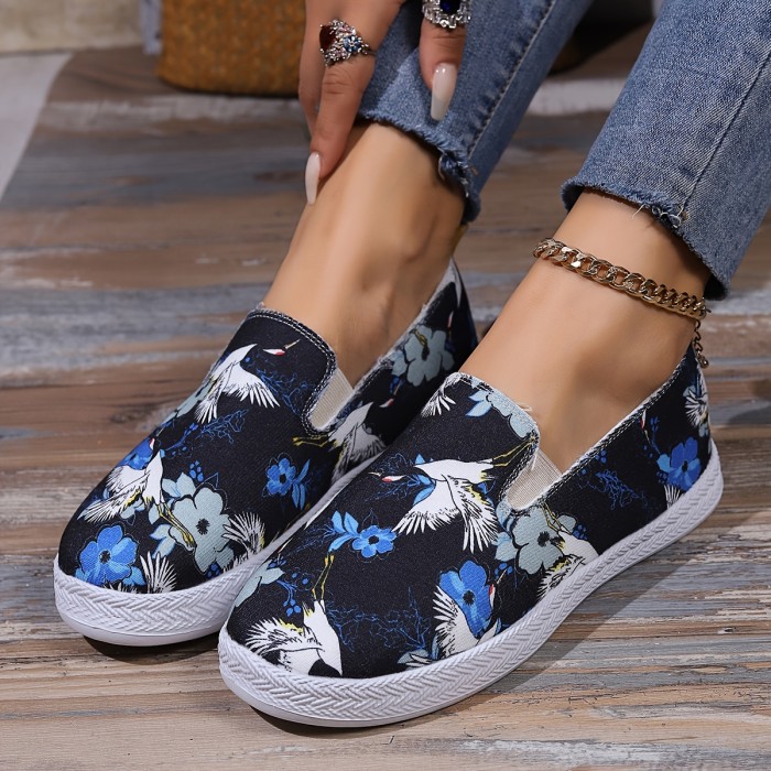 Women's Floral Print Shoes, Slip On Soft Sole Flat Canvas Shoes, Lightweight Low-top Shoes