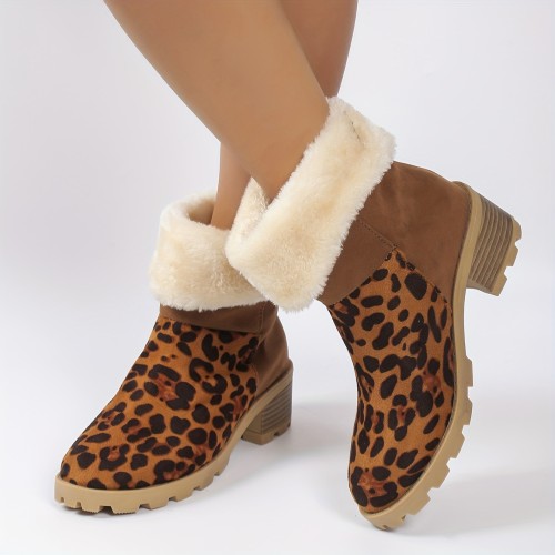 Women's Leopard Print Chunky Heel Boots, Fashion Slip On Plush Lined Boots, Comfortable Winter Ankle Boots