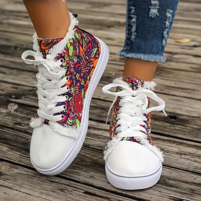 Women's Floral Print Canvas Shoes, Casual Lace Up High Top Outdoor Shoes, Women's Comfortable Sneakers