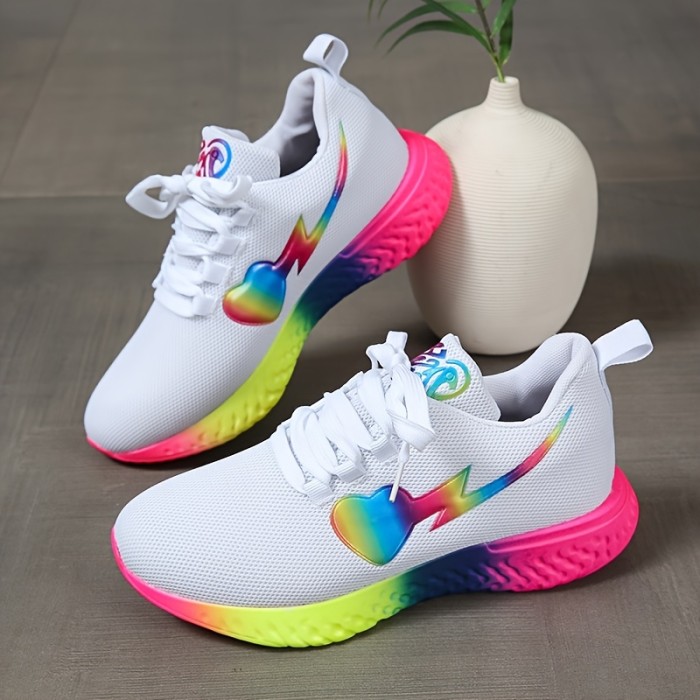 Women's Rainbow Sole Flying Woven Sneakers, Breathable Mesh Lace-Up Running Shoes, Women's Footwear