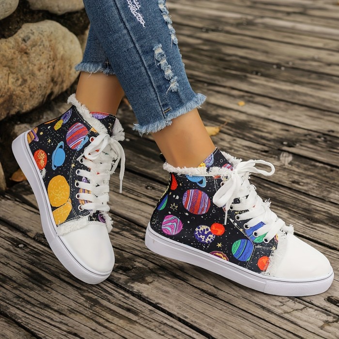 Women's Planet Print Canvas Shoes, Casual Lace Up Outdoor Shoes, Comfortable Mid Top Shoes