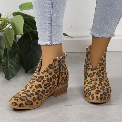 Women's Leopard Print Chunky Heel Boots, Fashion Point Toe Side Zipper Boots, Comfortable Ankle Boots