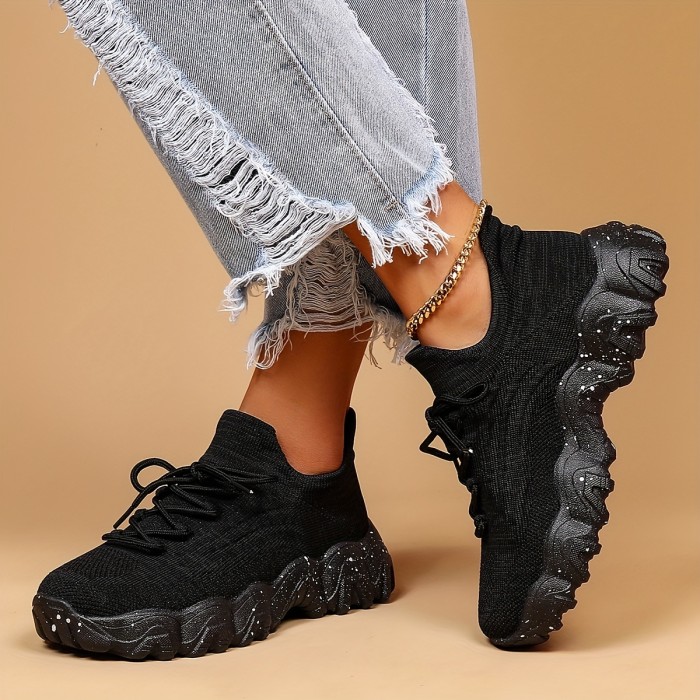 Women's Breathable Fabric Socks Sneakers, Flying Woven Lace-Up Chunky Sneakers, Elastic Running Shoes