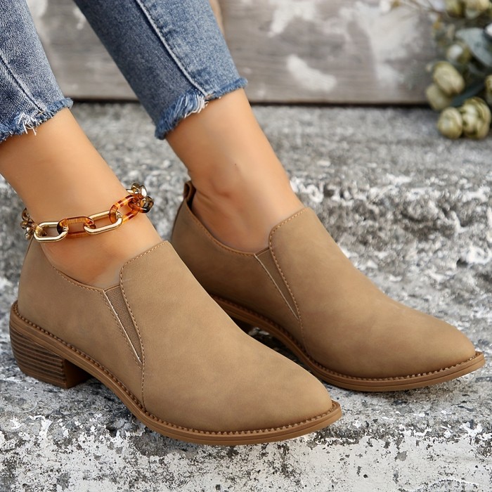 Women's Solid Color Trendy Boots, Slip On Soft Sole Chunky Heel Ankle Boots, Chelsea Point Toe Knight Boots