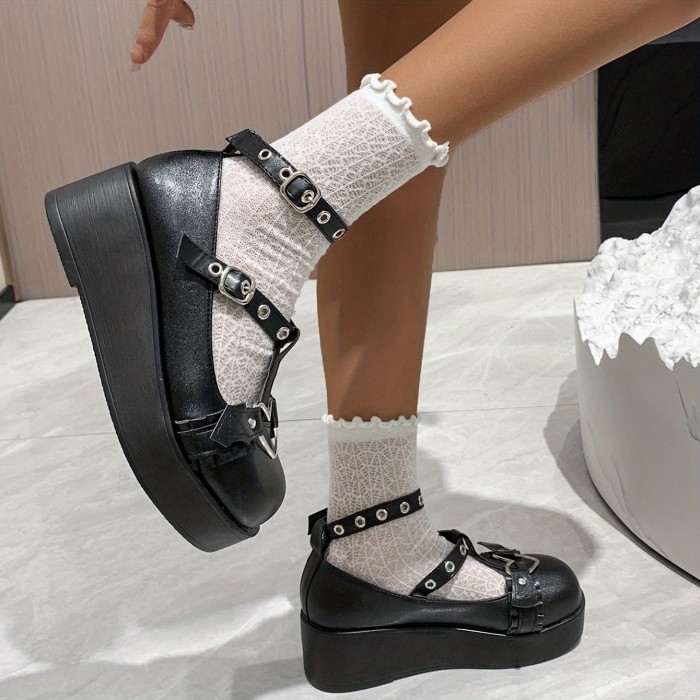 Women's Platform T-strap Shoes, Solid Color Heart Decor Shoes, Y2K Style Shoes, Anime Style Shoes