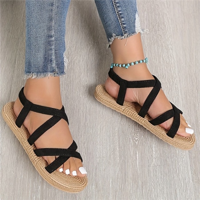Women's Cross Strap Flat Sandals, Solid Color Open Toe Elastic Strap Slip On Shoes, Casual Beach Sandals