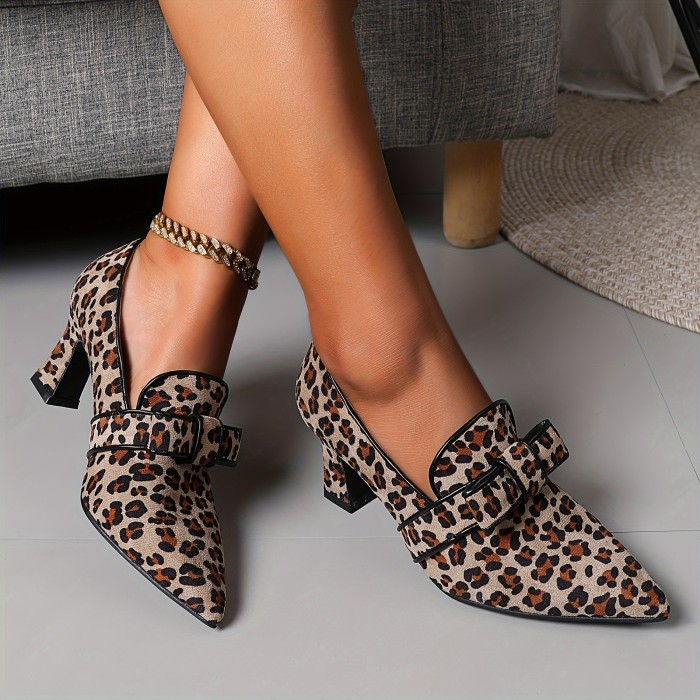 Women's Leopard Print Shoes, Slip On Shallow Mouth Chunky Heel Shoes, Lightweight Point Toe Shoes