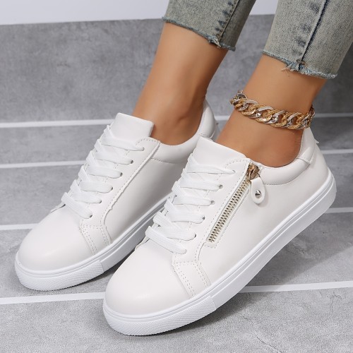 Women's Low Top Skate Shoes, Versatile Side Zipper Lace Up Sports Shoes, Casual Faux Leather Walking Sneakers