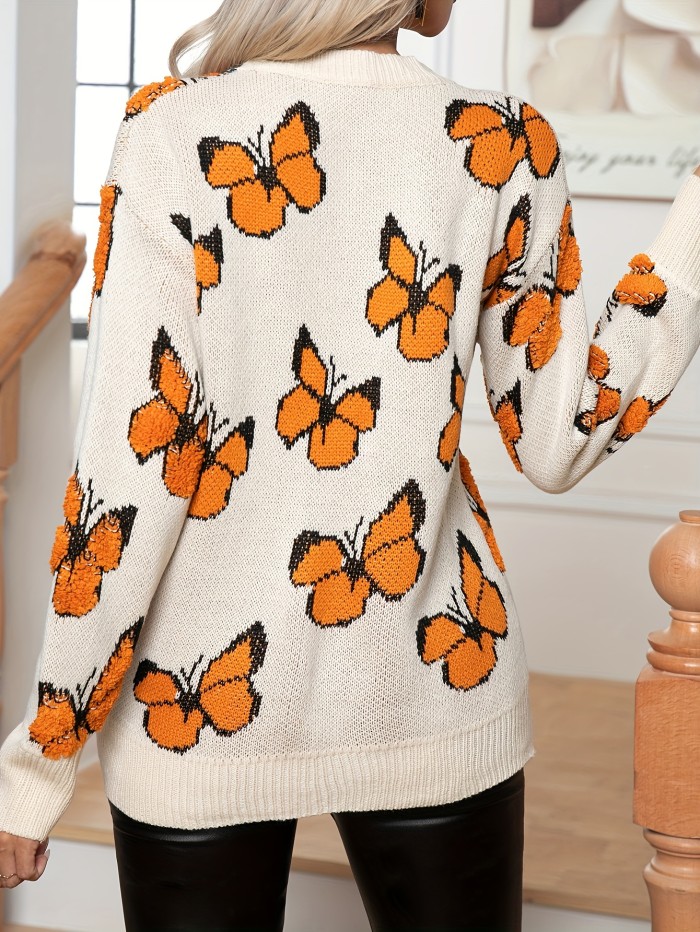Butterfly Pattern Crew Neck Pullover Sweater, Casual Long Sleeve Drop Shoulder Sweater, Women's Clothing