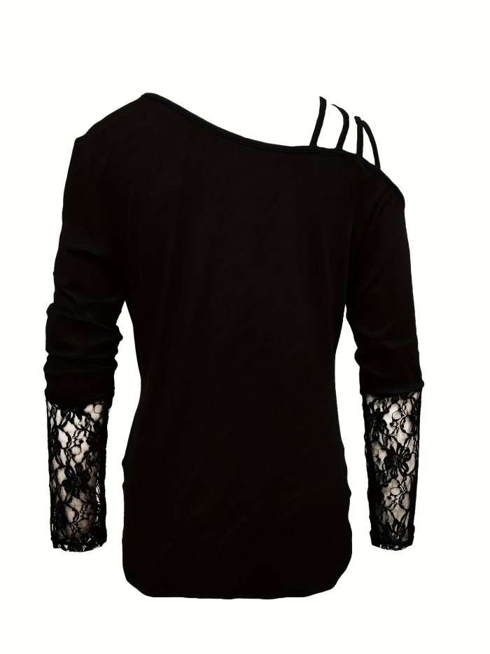Solid Cold Shoulder T-shirt, Casual Long Sleeve Contrast Lace Top, Women's Clothing