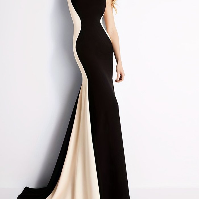 Elegant Color Block Slim Long Dress, Sleeveless Party Evening Bodycon Long Dresses, Women's Clothing