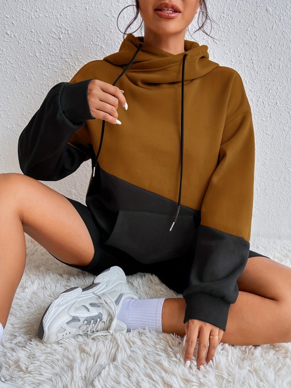 Color Block Kangaroo Pocket Hoodie, Elegant Loose Long Sleeve Drawstring Hooded Sweatshirt, Women's Clothing