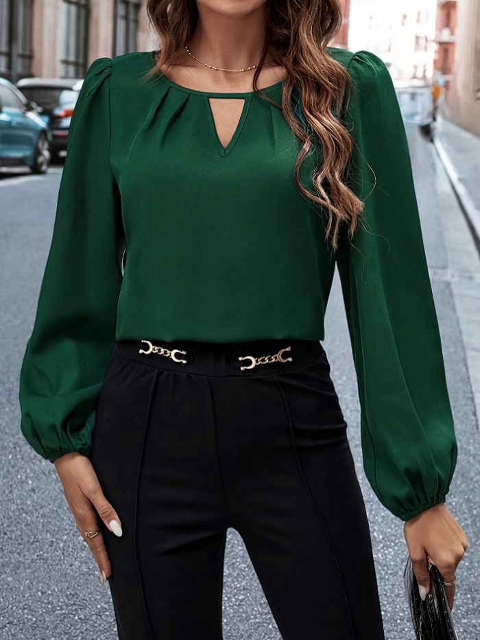 Solid Color Keyhole Blouse, Casual Lantern Sleeve Blouse For Spring & Fall, Women's Clothing