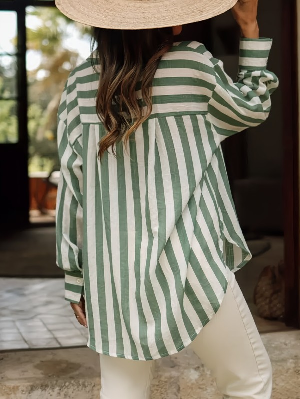 Striped Button Front Pocket Shirt, Casual Long Sleeve Loose Top For Spring & Fall, Women's Clothing