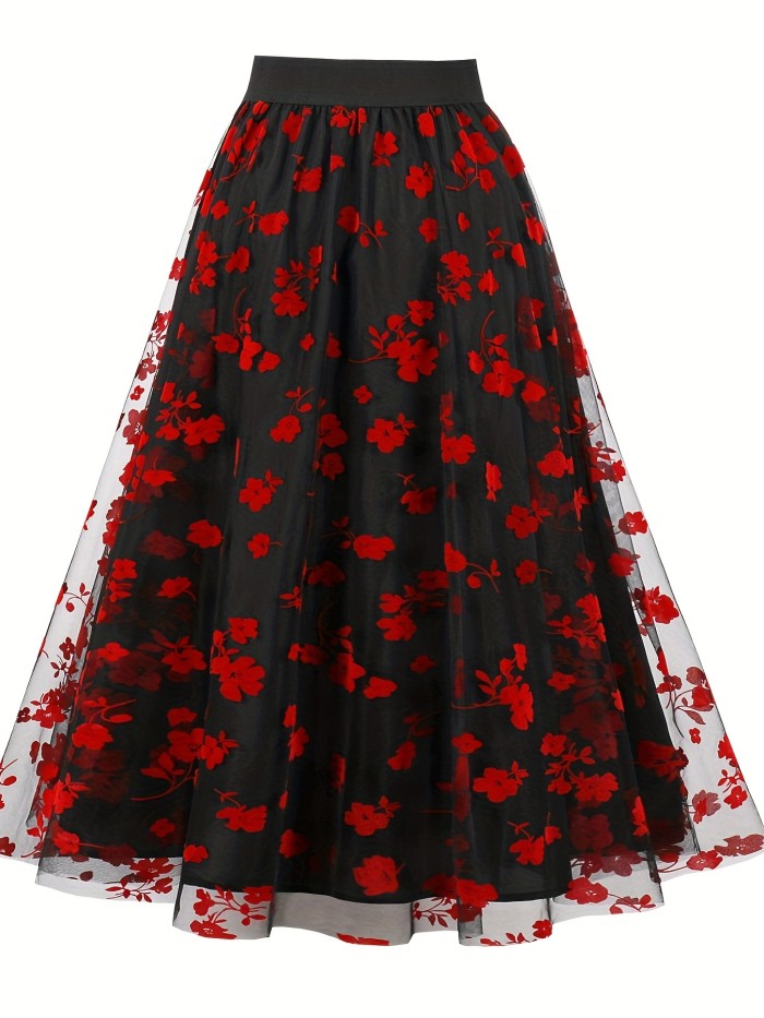 Floral Print Mesh Overlay Skirt, Elegant Skirt For Spring & Summer, Women's Clothing