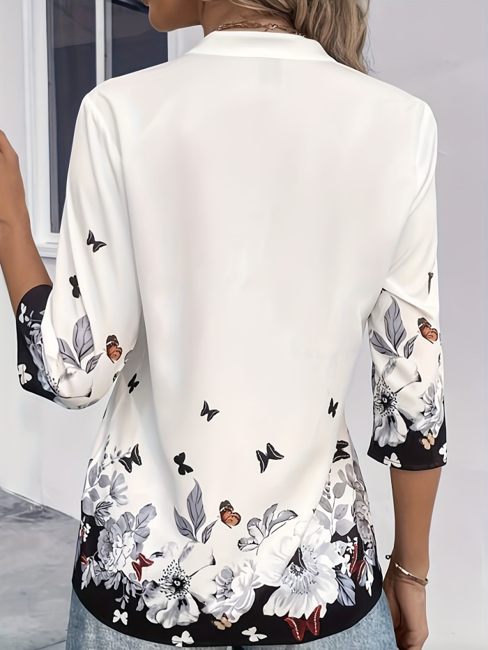 Butterfly Print V Neck Blouse, Elegant Half Sleeve Blouse, Women's Clothing