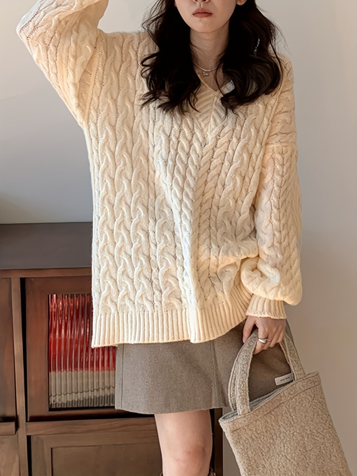Oversized V Neck Knitted Pullover Sweater, Elegant Long Sleeve Sweater For Fall & Winter, Women's Clothing