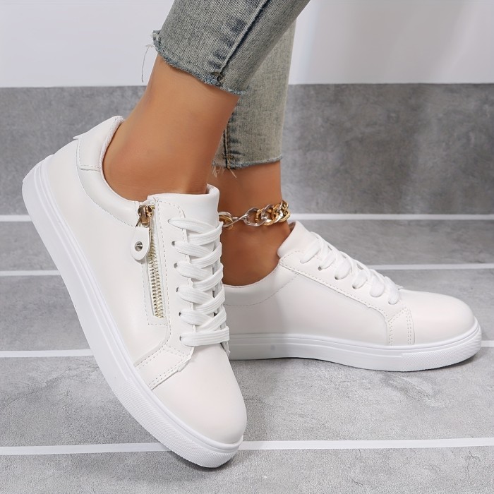 Women's Low Top Skate Shoes, Versatile Side Zipper Lace Up Sports Shoes, Casual Faux Leather Walking Sneakers