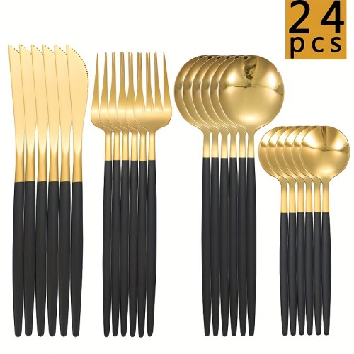 24 Pcs Set Stainless Steel Golden Cutlery, Silverware Set Mirror Flatware Set Portuguese Cutlery Spoon, Western Cutlery Set, Colorful For Wedding Dinning Household Hotel Kitchen And Dinning Restaurant Tableware