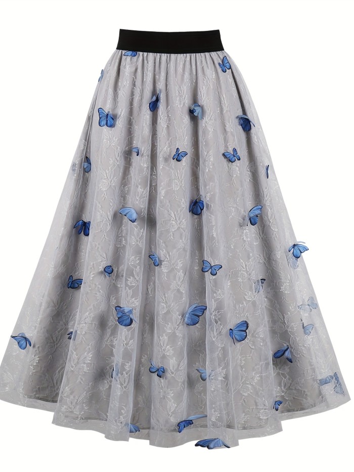 Floral Print Mesh Overlay Skirt, Elegant Skirt For Spring & Summer, Women's Clothing