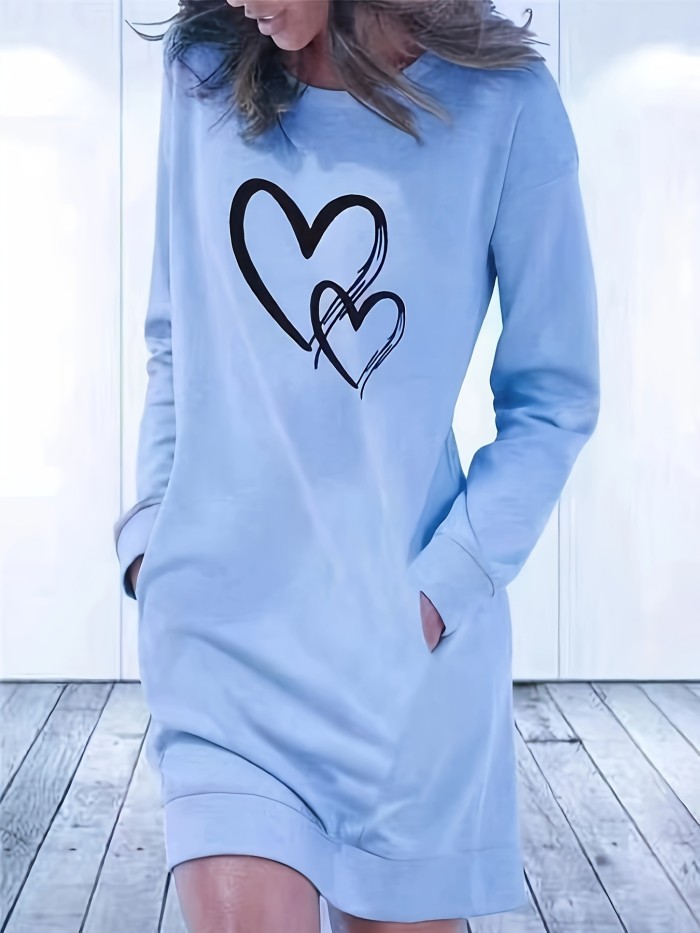 Double Heart Print Crew Neck Dress, Casual Long Sleeve Pockets Dress For Spring & Fall, Women's Clothing