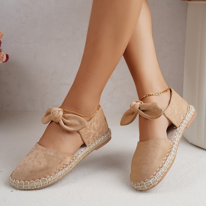 Women's Elastic Bowknot Design Sandals, Solid Color Round Closed Toe Espadrilles Flat Comfy Shoes, Summer Daily Footwear