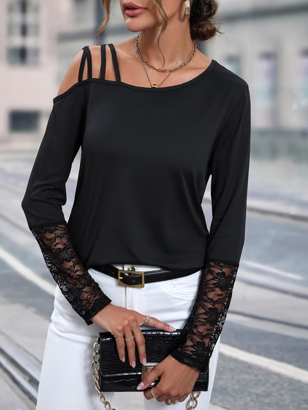 Solid Cold Shoulder T-shirt, Casual Long Sleeve Contrast Lace Top, Women's Clothing
