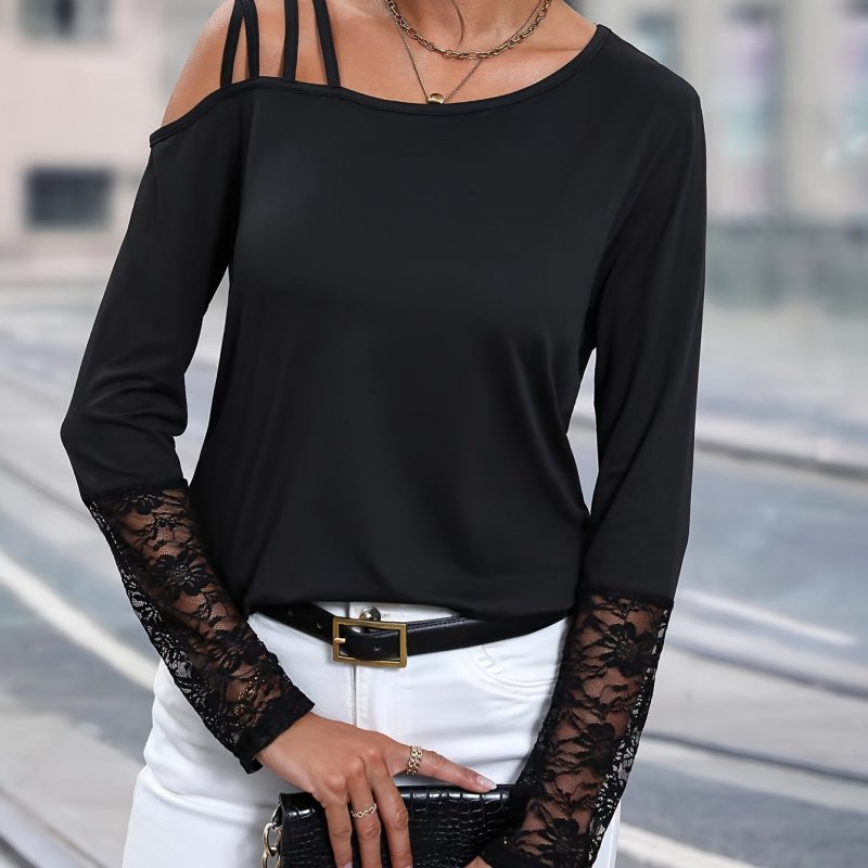 Solid Cold Shoulder T-shirt, Casual Long Sleeve Contrast Lace Top, Women's Clothing