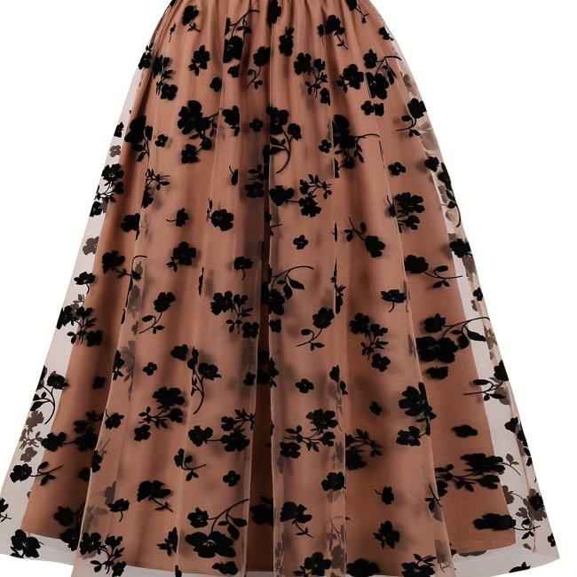 Floral Print Mesh Overlay Skirt, Elegant Skirt For Spring & Summer, Women's Clothing