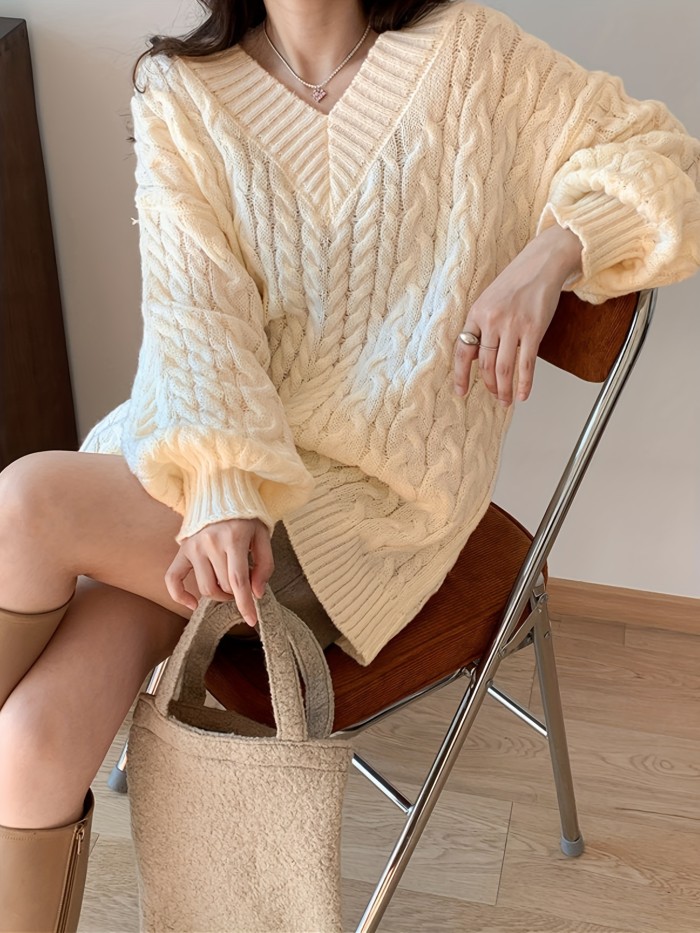 Oversized V Neck Knitted Pullover Sweater, Elegant Long Sleeve Sweater For Fall & Winter, Women's Clothing