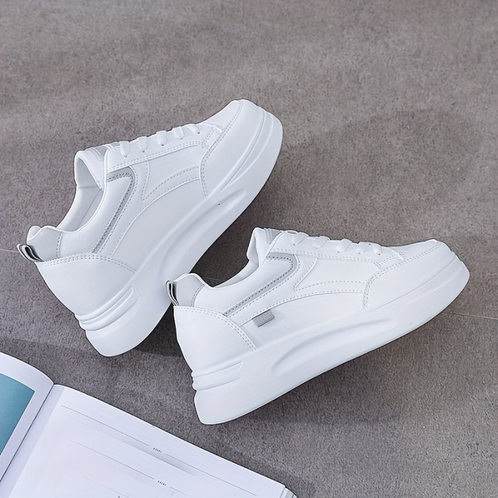 Ladies Casual Sneakers, Thick Sole Lace-up White Shoes, Skate Shoes, 6cm Inner Height