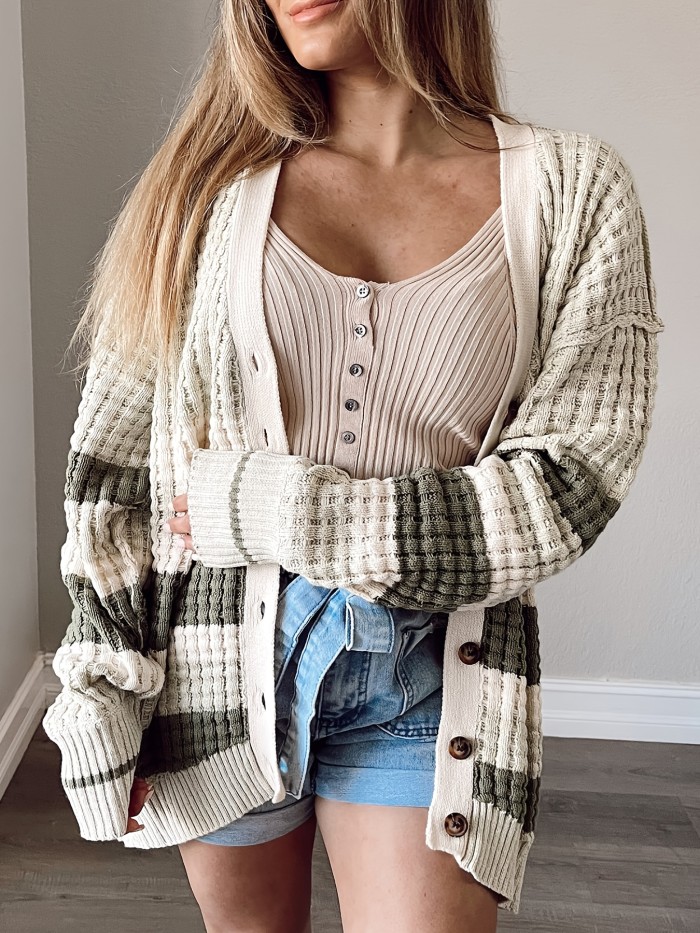 Striped Button Down Chunky Knit Cardigan, Casual Long Sleeve Loose Sweater, Women's Clothing