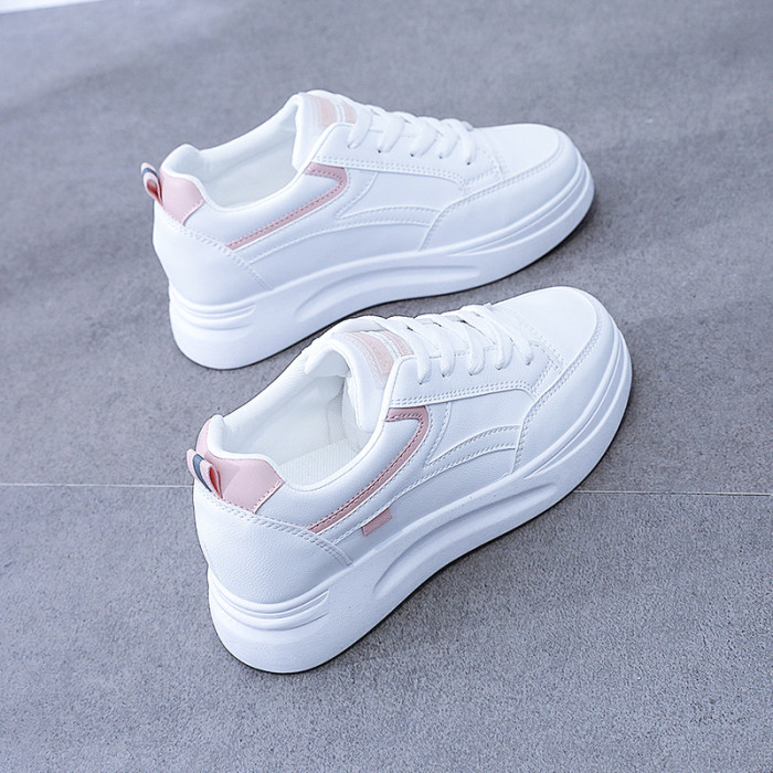 Ladies Casual Sneakers, Thick Sole Lace-up White Shoes, Skate Shoes, 6cm Inner Height