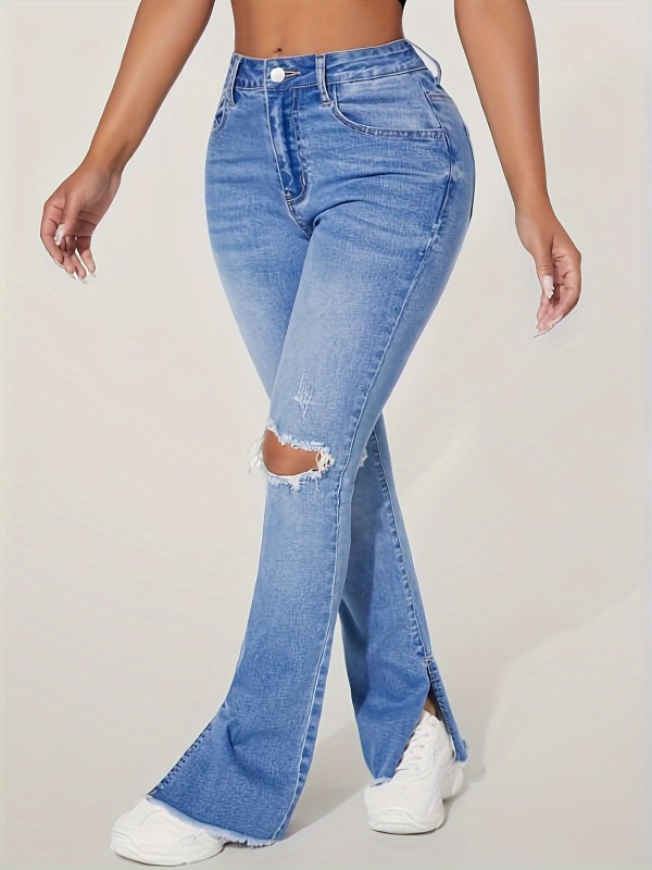Ripped Holes Split Bootcut Jeans, Slant Pockets High Stretch Washed Denim Pants, Women's Denim Jeans & Clothing