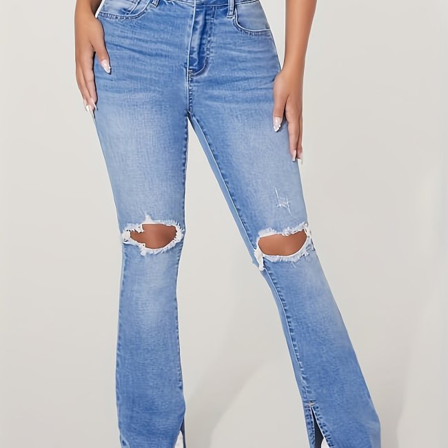 Ripped Holes Split Bootcut Jeans, Slant Pockets High Stretch Washed Denim Pants, Women's Denim Jeans & Clothing