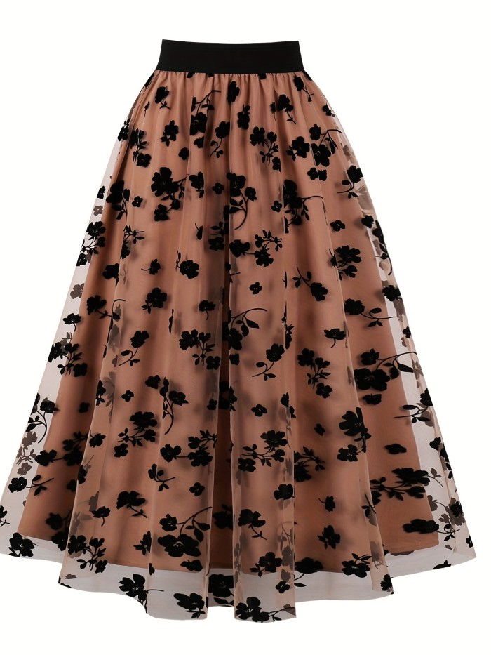 Floral Print Mesh Overlay Skirt, Elegant Skirt For Spring & Summer, Women's Clothing