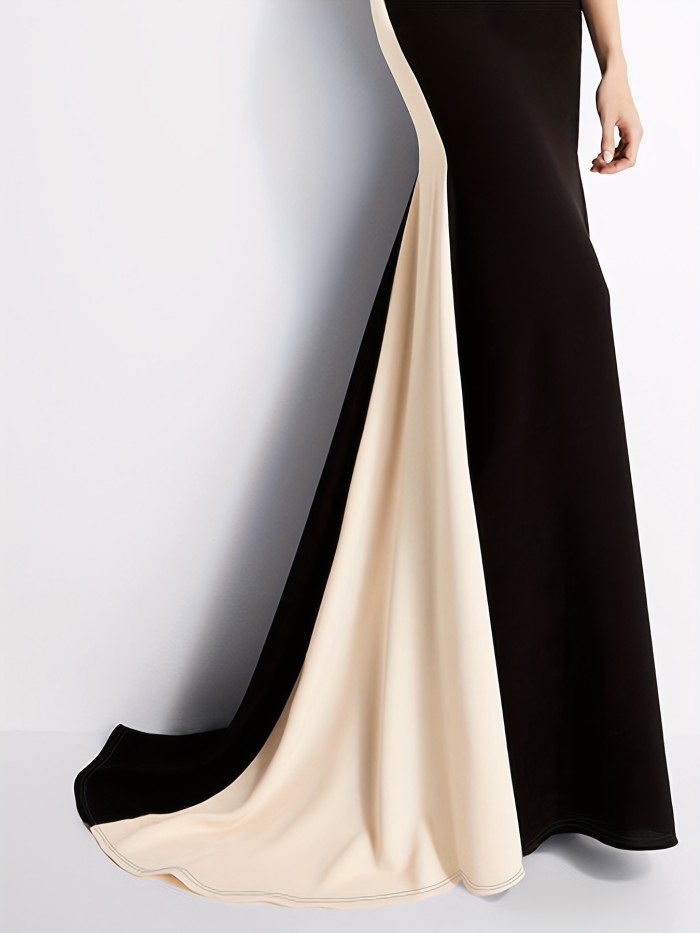 Elegant Color Block Slim Long Dress, Sleeveless Party Evening Bodycon Long Dresses, Women's Clothing