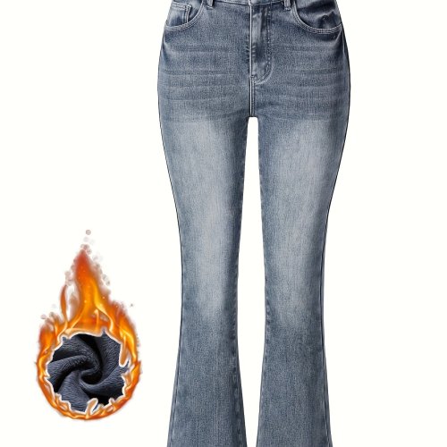 Fleece Liner Washed Flare Jeans, Slant Pockets High Stretch Bell Bottom Jeans, Women's Denim Jeans & Clothing