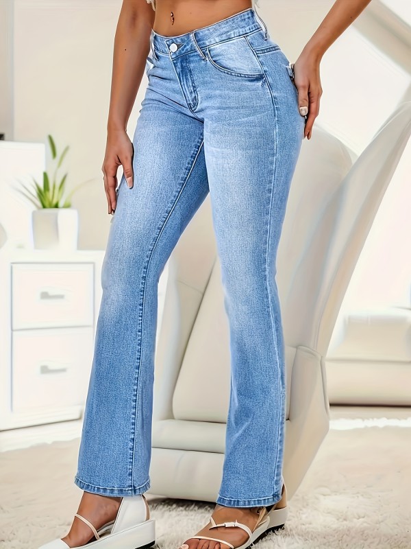 Slant Pockets Whiskering Bootcut Jeans, Mid-Stretch Washed Denim Pants, Women's Denim Jeans & Clothing