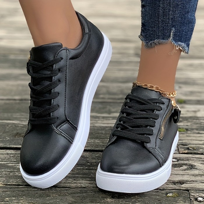 Women's Low Top Skate Shoes, Versatile Side Zipper Lace Up Sports Shoes, Casual Faux Leather Walking Sneakers