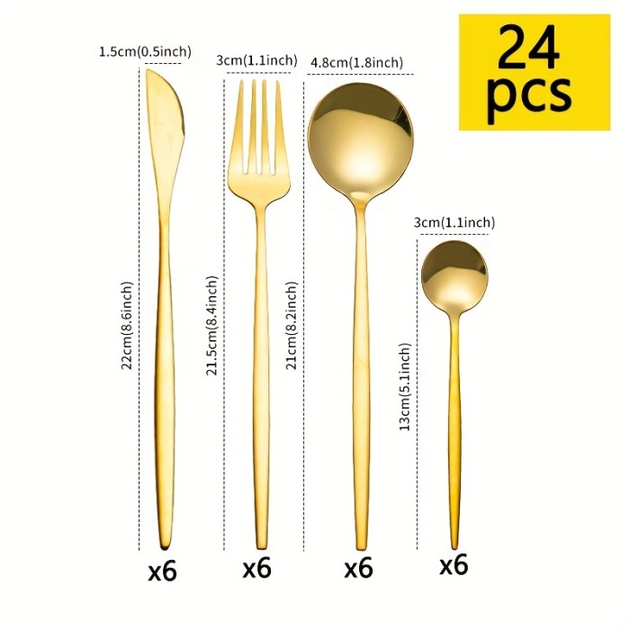 24 Pcs Set Stainless Steel Golden Cutlery, Silverware Set Mirror Flatware Set Portuguese Cutlery Spoon, Western Cutlery Set, Colorful For Wedding Dinning Household Hotel Kitchen And Dinning Restaurant Tableware, For Halloween, Christmas, Thanksgiving